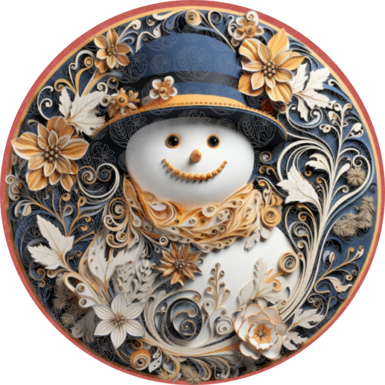 Paper art snowman wearing a top hat surrounded by ornate gold and cream floral scrollwork, Grey Barn Handwerk, Saskatchewan.